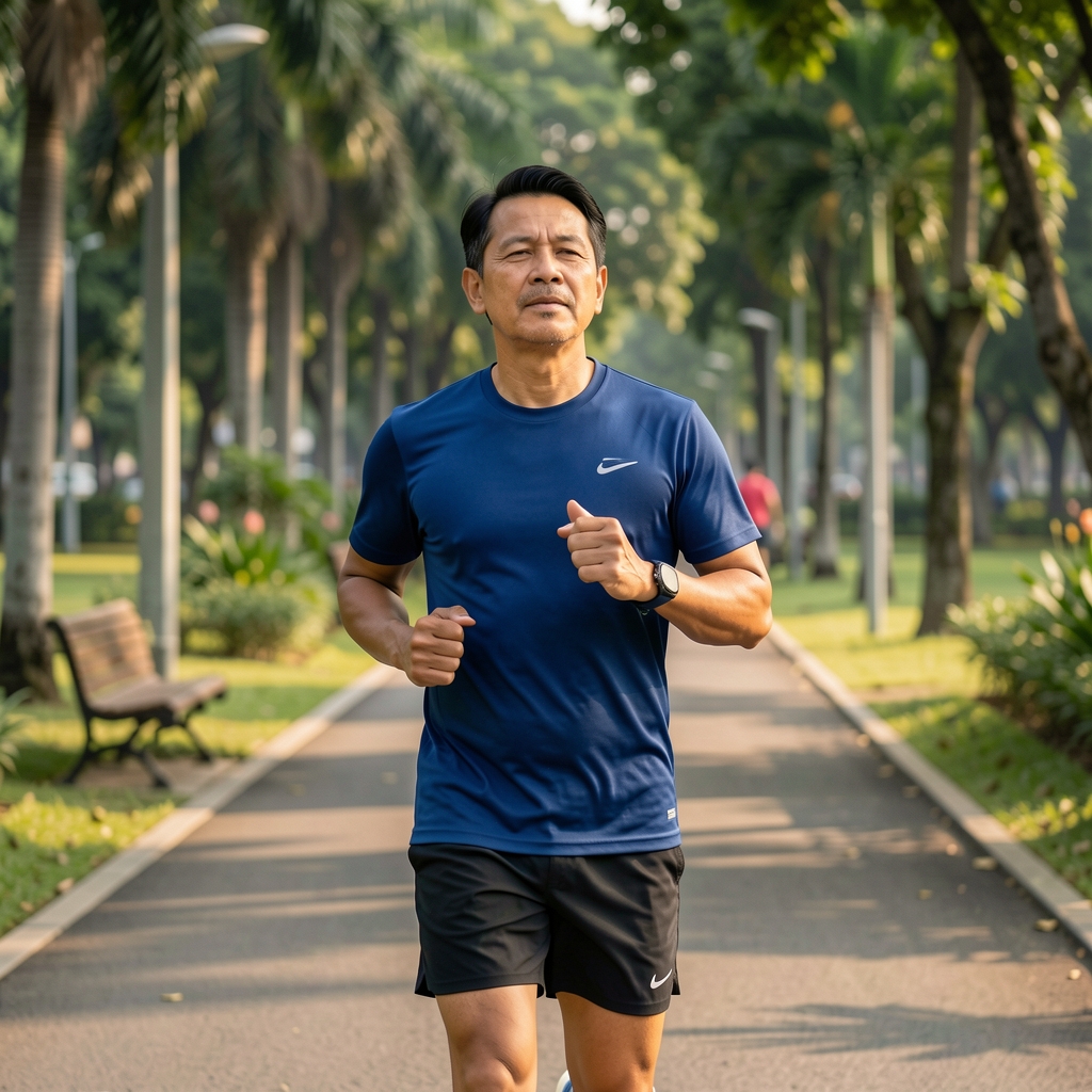 Male runner in his forties breathing calmly during an easy morning run along a Jakarta park path