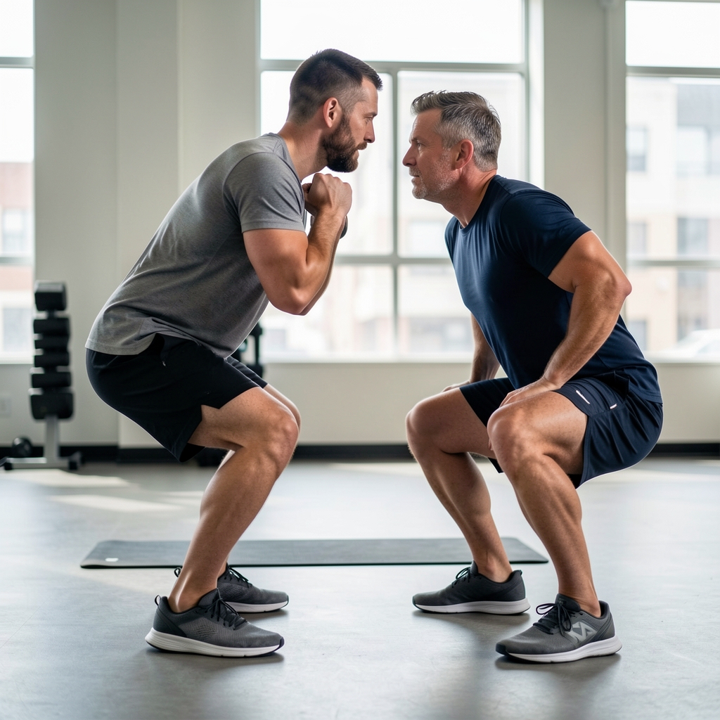 Sports professional observing a man over 35 perform a controlled bodyweight squat from the side