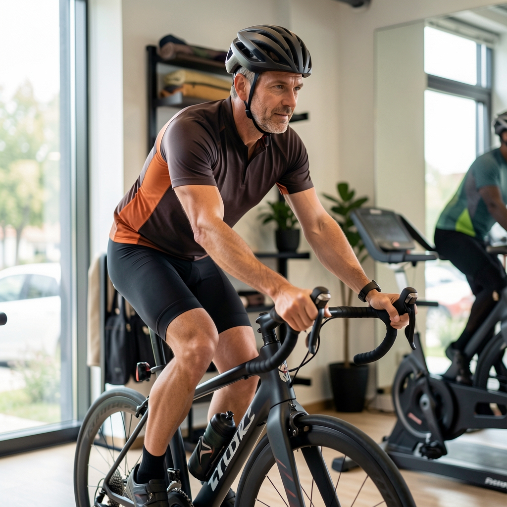 Male cyclist in his late thirties riding steadily on an indoor bike with relaxed shoulders