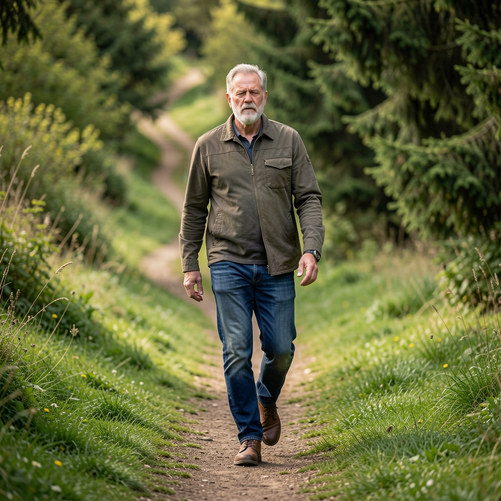 Mature man walking uphill on a green path while maintaining an even breathing rhythm
