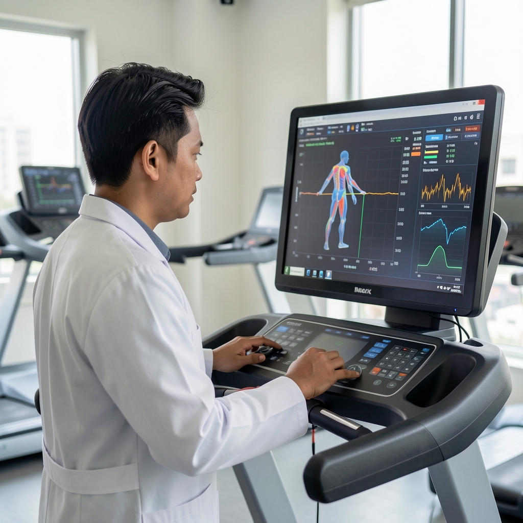 Indonesian exercise physiologist in a lab coat reviewing treadmill test data on a monitor
