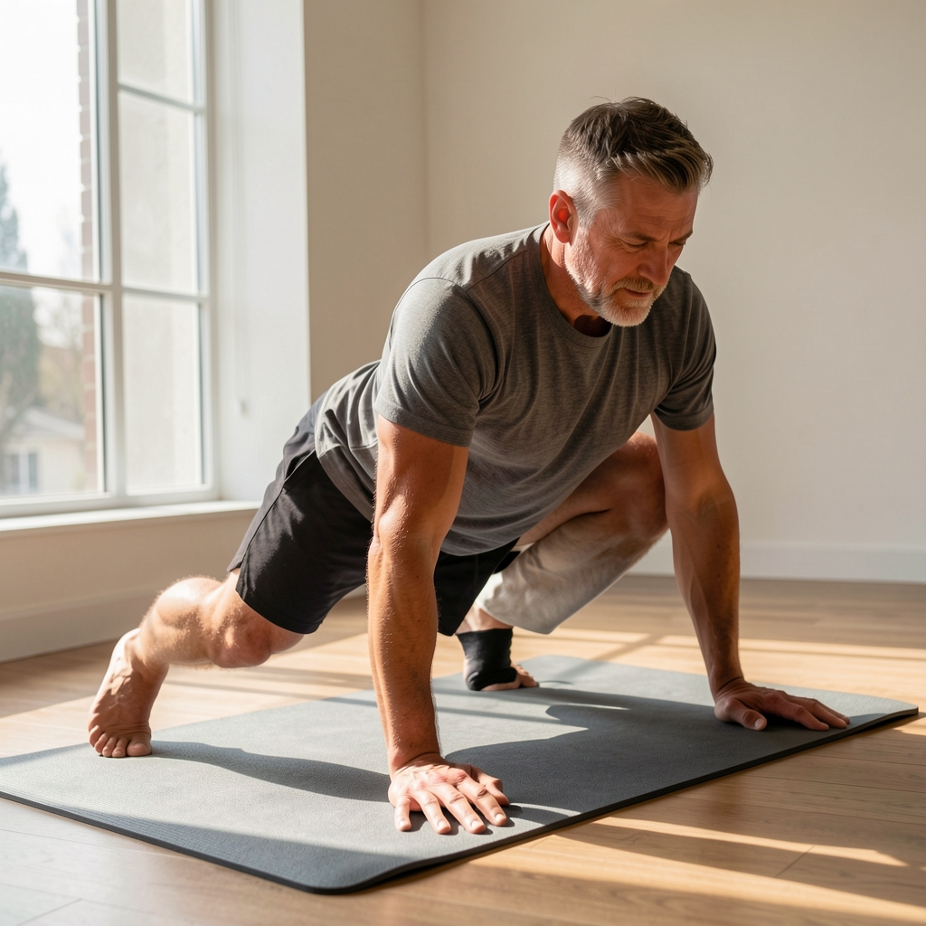 Man over 35 completing a hip mobility drill on a mat near natural window light