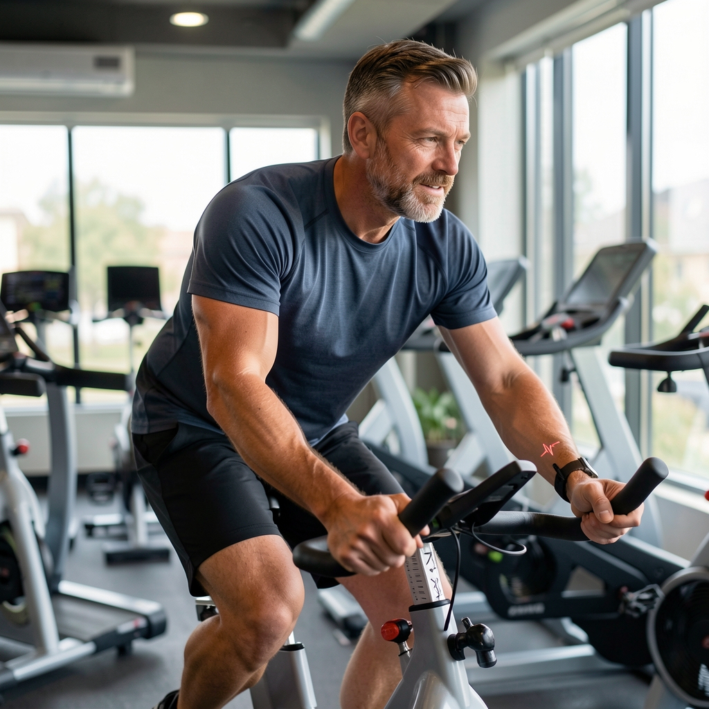 Man in his forties wearing a heart-rate monitor during steady indoor cycling