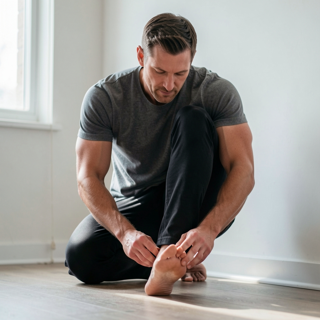 Man aged 39 working on ankle movement with one knee over the toes near a wall