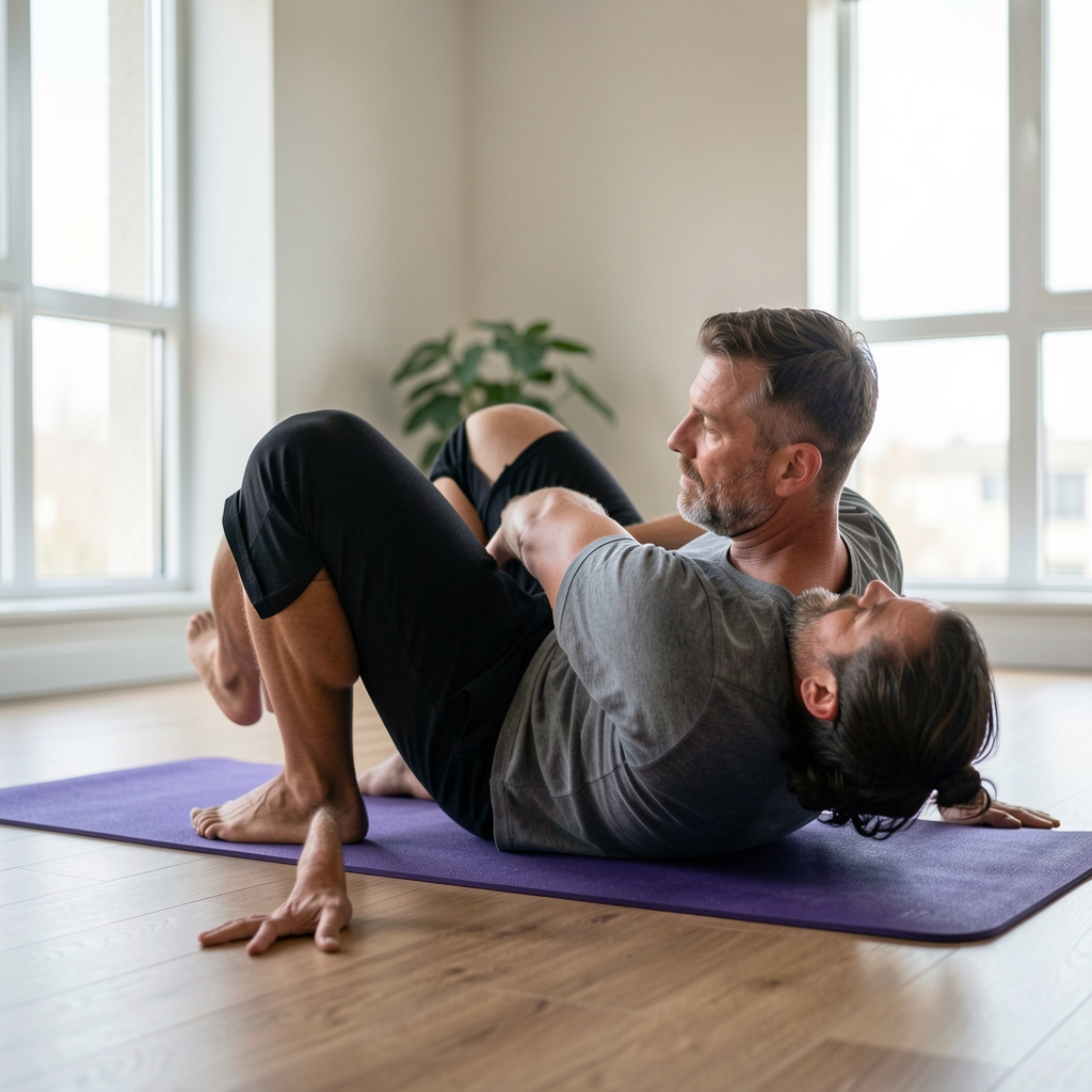 Man over 35 performing a controlled thoracic mobility sequence on a training mat