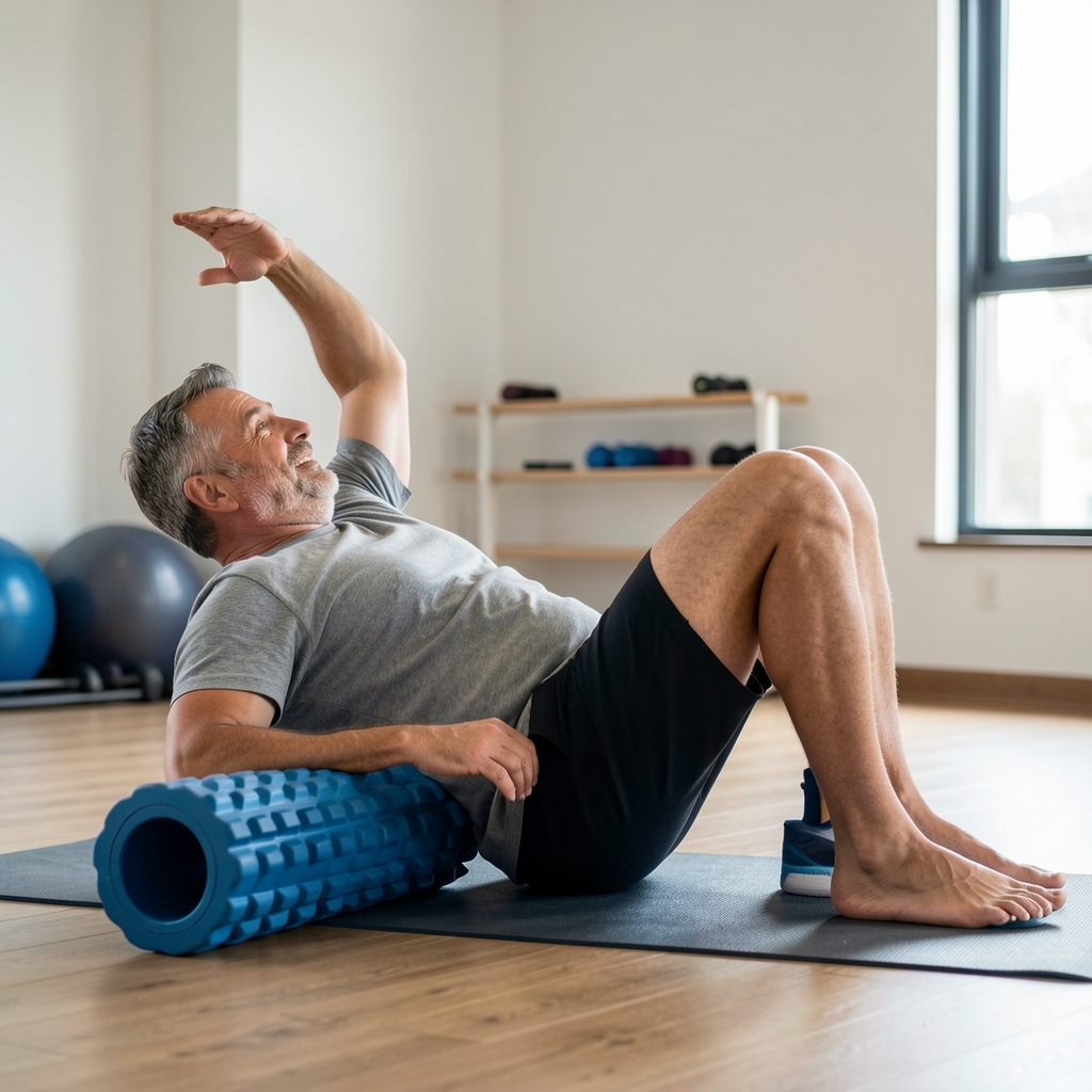 Middle-aged man practicing a supported hip rotation drill beside a foam roller