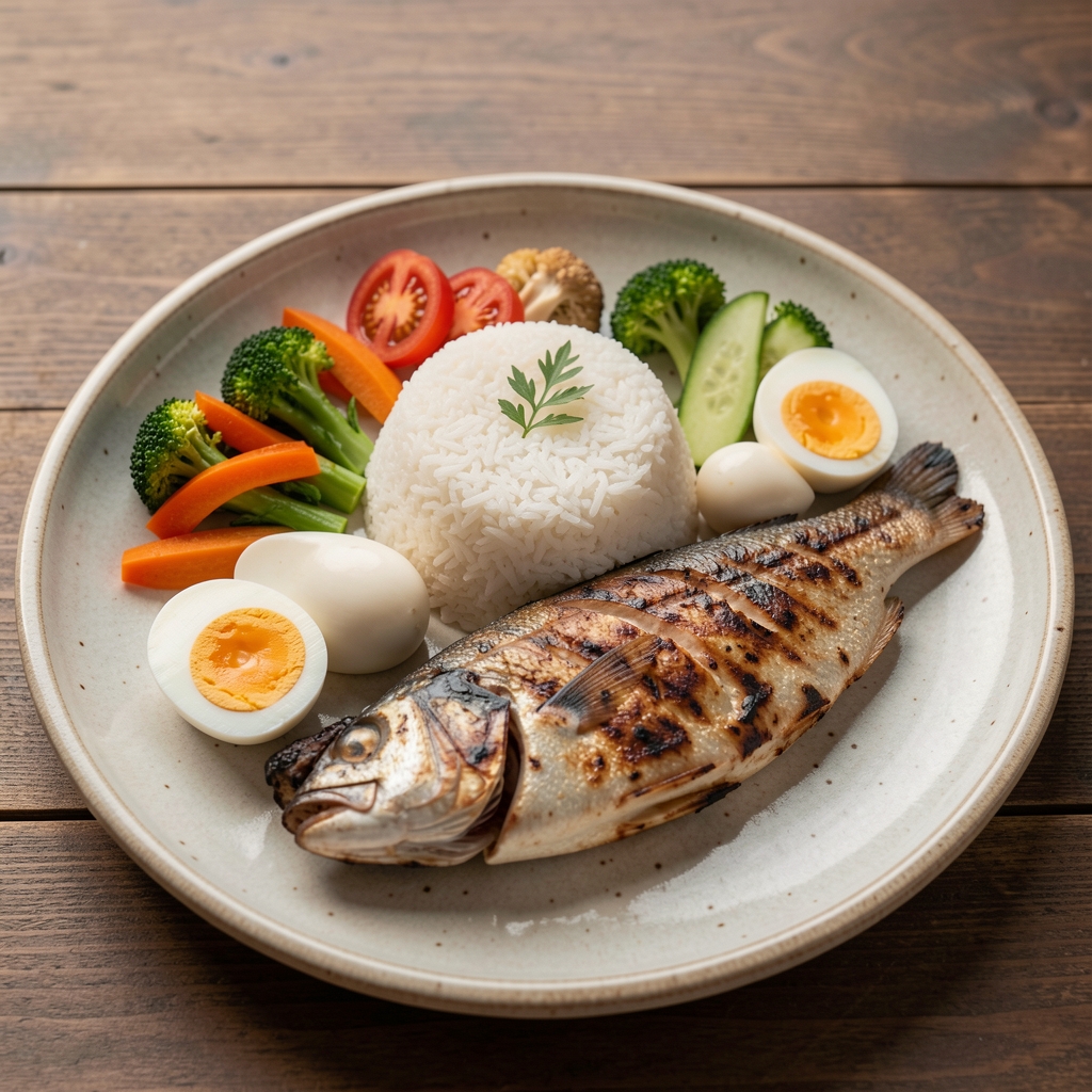 Balanced Indonesian-inspired meal with rice, vegetables, eggs, and grilled fish on a ceramic plate