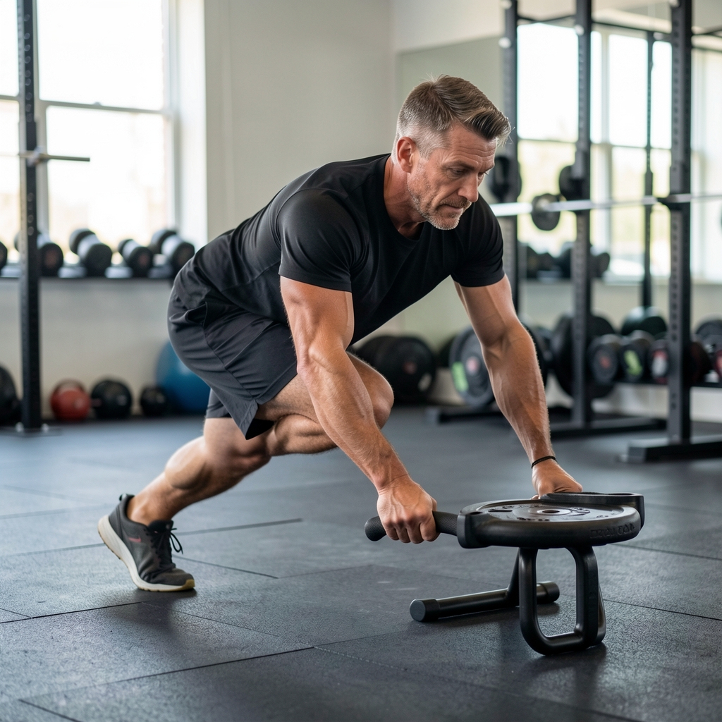 Fit man in his forties completing a controlled sled push during functional training