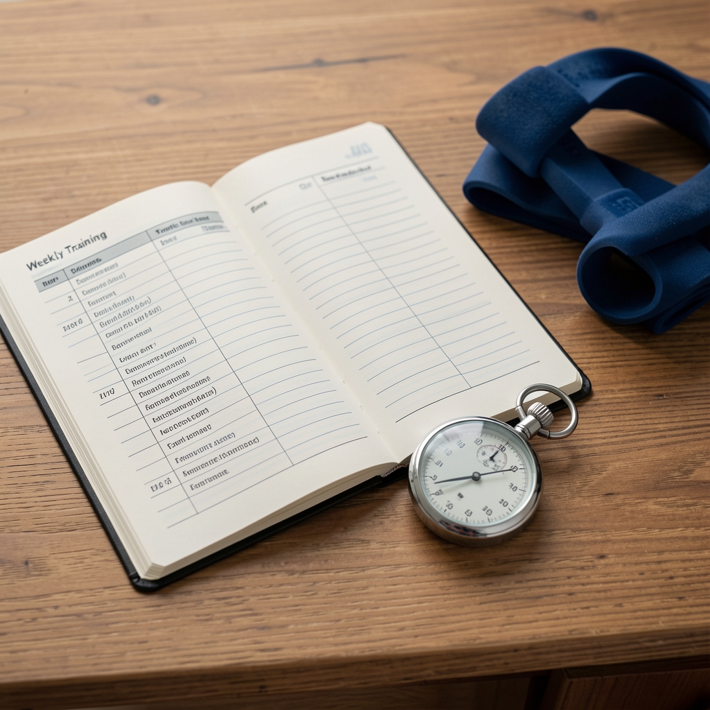 Weekly training plan open beside a stopwatch and resistance bands on a wooden desk