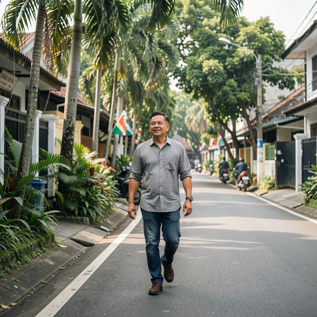 Middle-aged man taking a relaxed recovery walk beside a leafy Jakarta neighborhood street