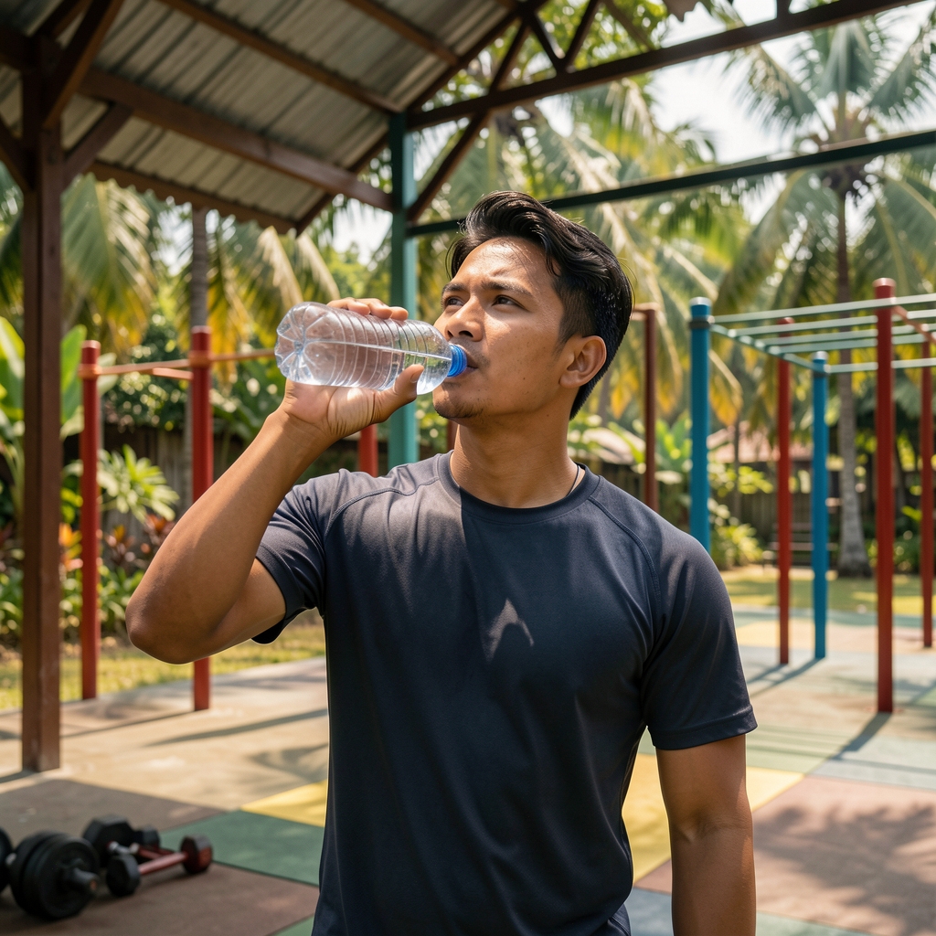 Male athlete drinking water in a shaded outdoor training area on a warm Indonesian day