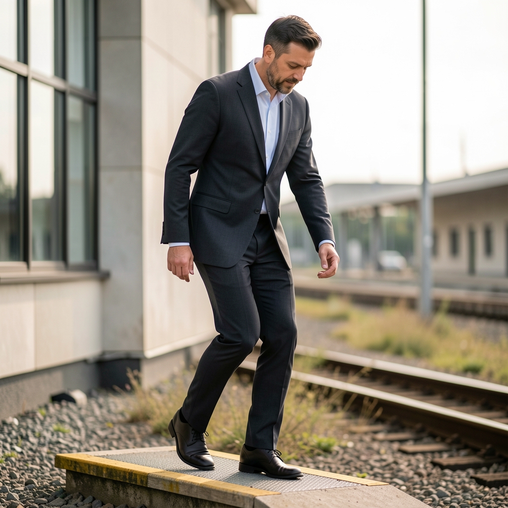 Male trainee in his late thirties stepping onto a low platform with careful knee alignment
